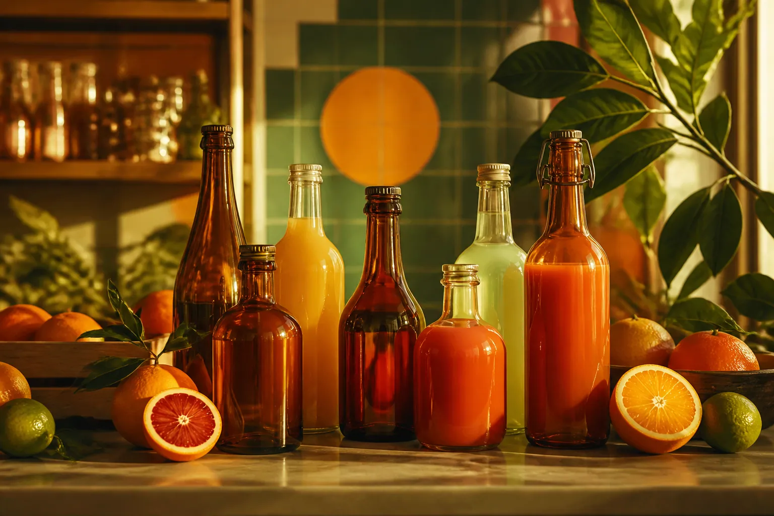 Bouteilles et boissons artisanales sans étiquette présentées sur un comptoir