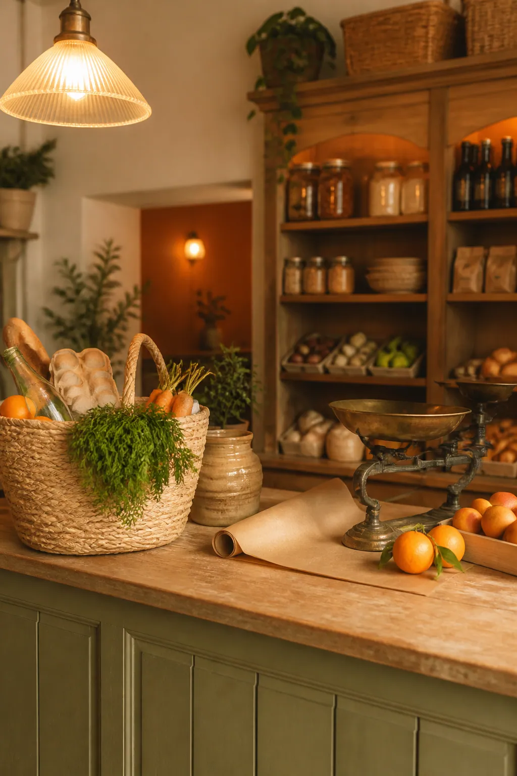 Comptoir d'épicerie en bois avec panier de provisions et balance ancienne