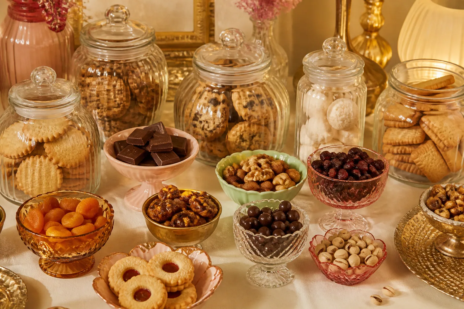 Biscuits, chocolat et douceurs disposés dans des contenants en verre