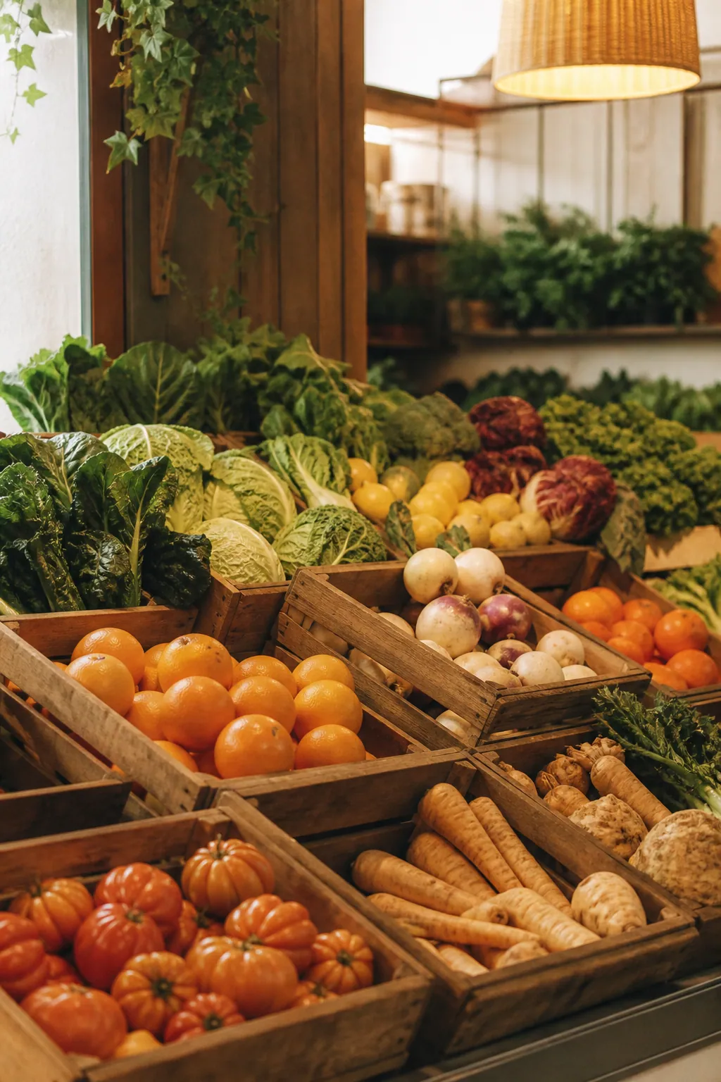 Étal généreux de fruits et légumes de saison aux couleurs chaudes