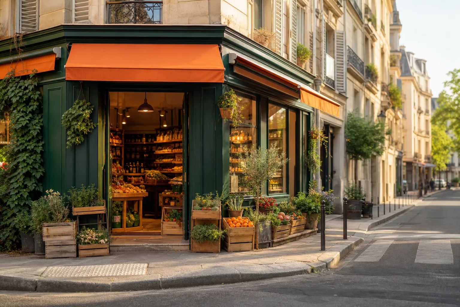 Devanture colorée d'une petite épicerie intégrée à une rue de quartier
