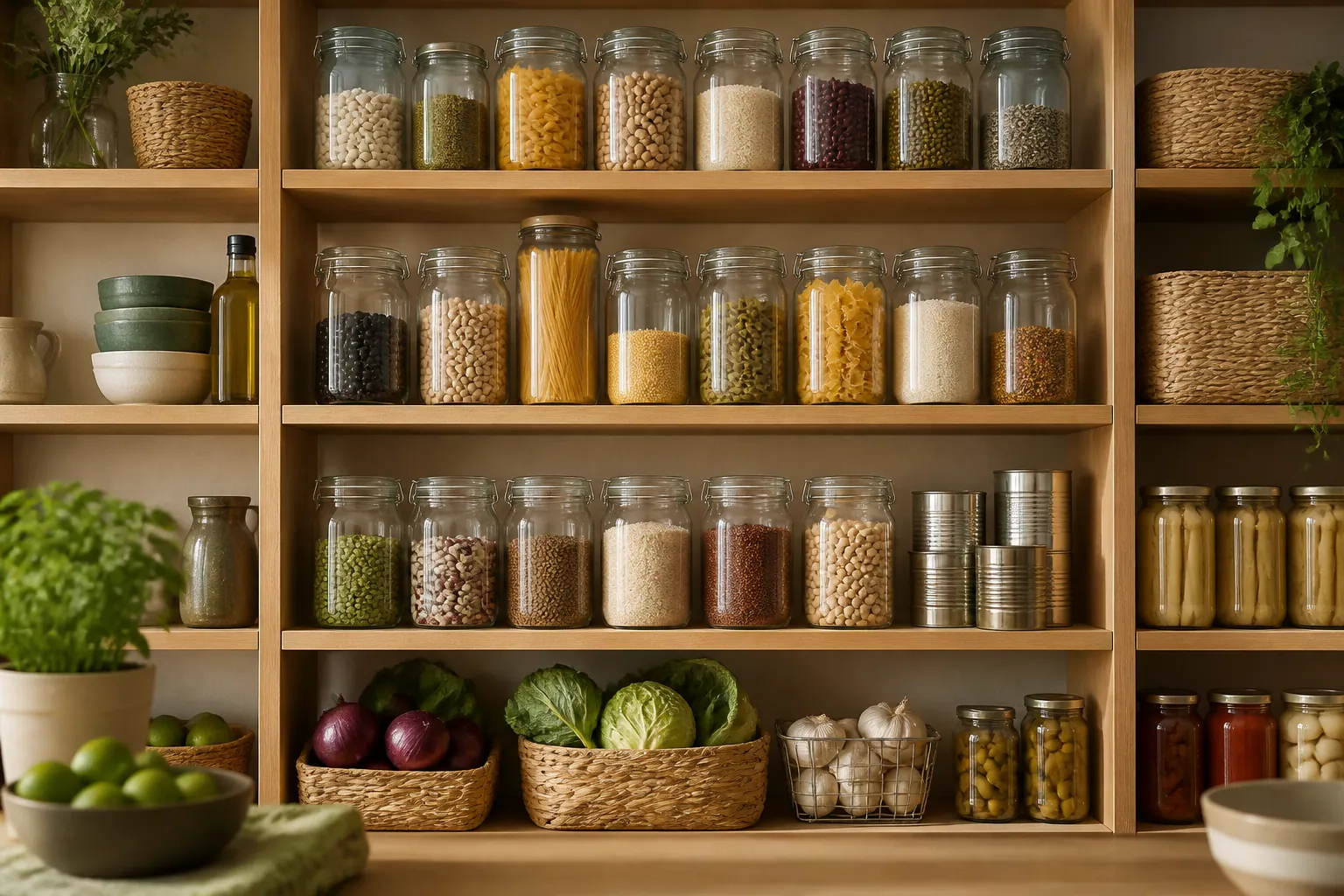 Bocaux, pâtes, riz et conserves rangés sur une étagère en bois