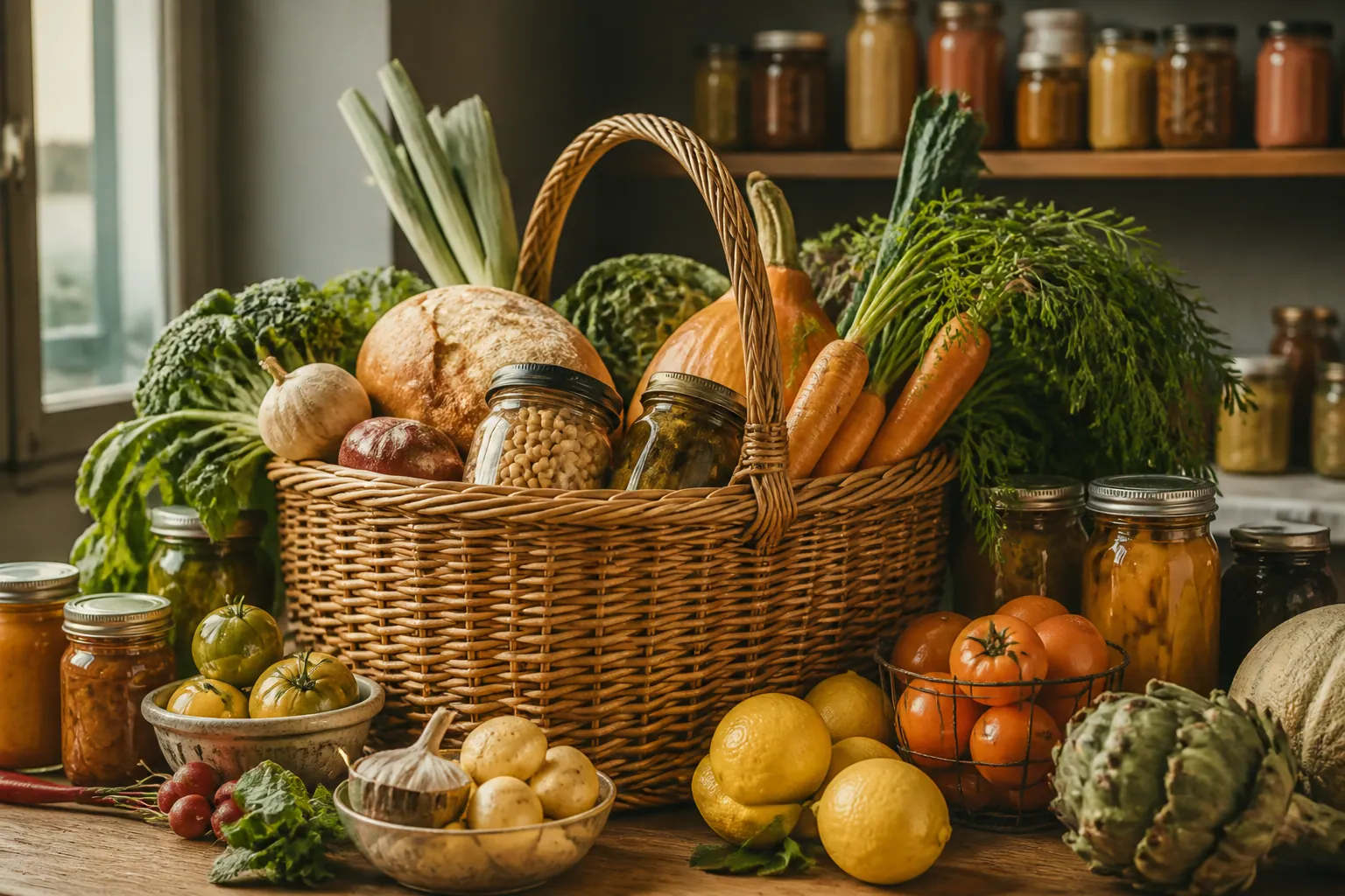 Panier en osier rempli de légumes, fruits et produits d'épicerie colorés