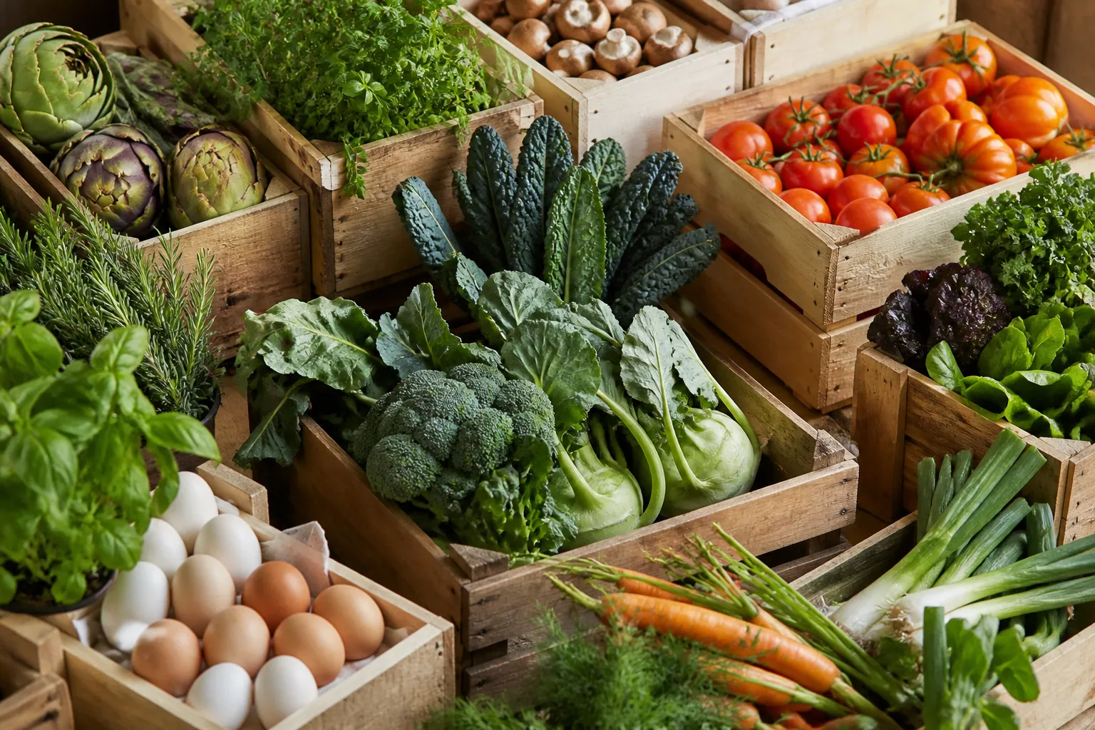 Légumes, œufs et produits frais disposés dans des cagettes