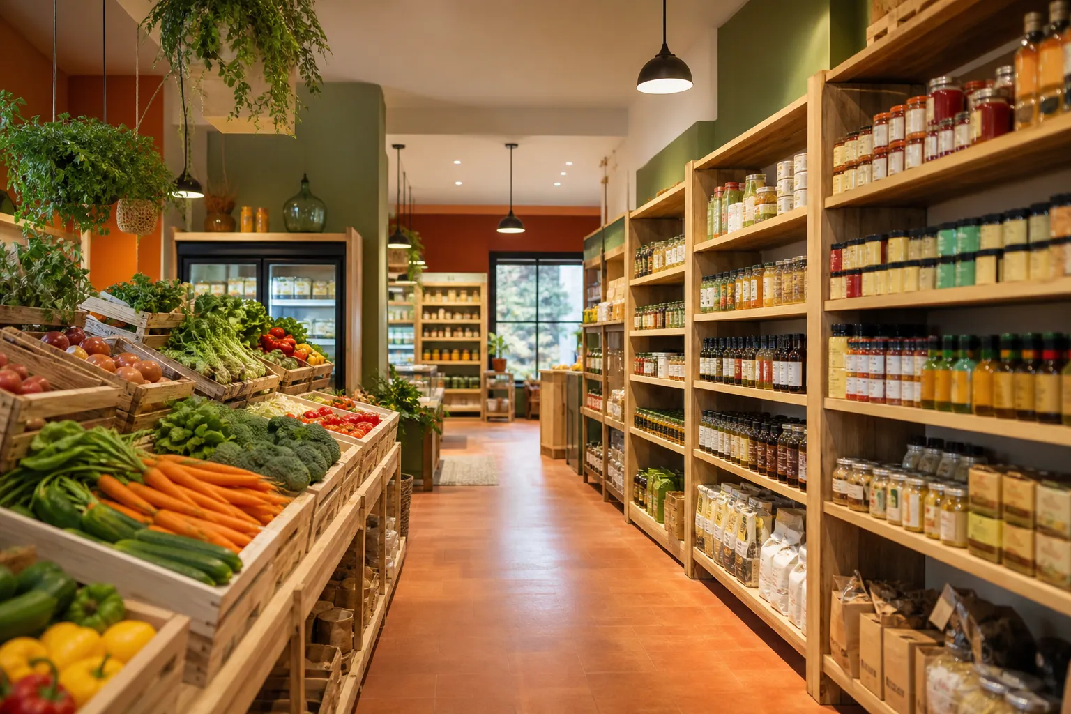 Rayons en bois d'une petite épicerie lumineuse et accueillante